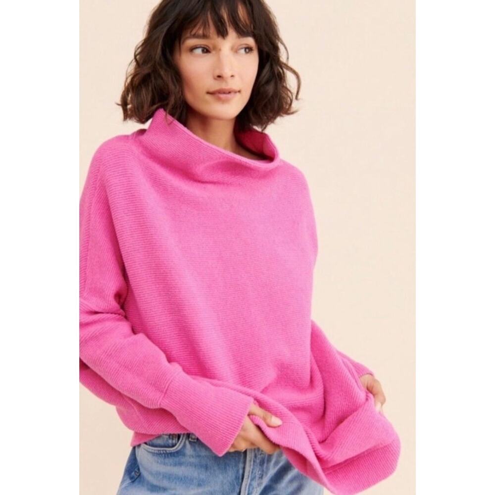 Free People Pink Mockneck Oversized Sweater Ribbed Slouchy Size Small - Picture 2 of 7